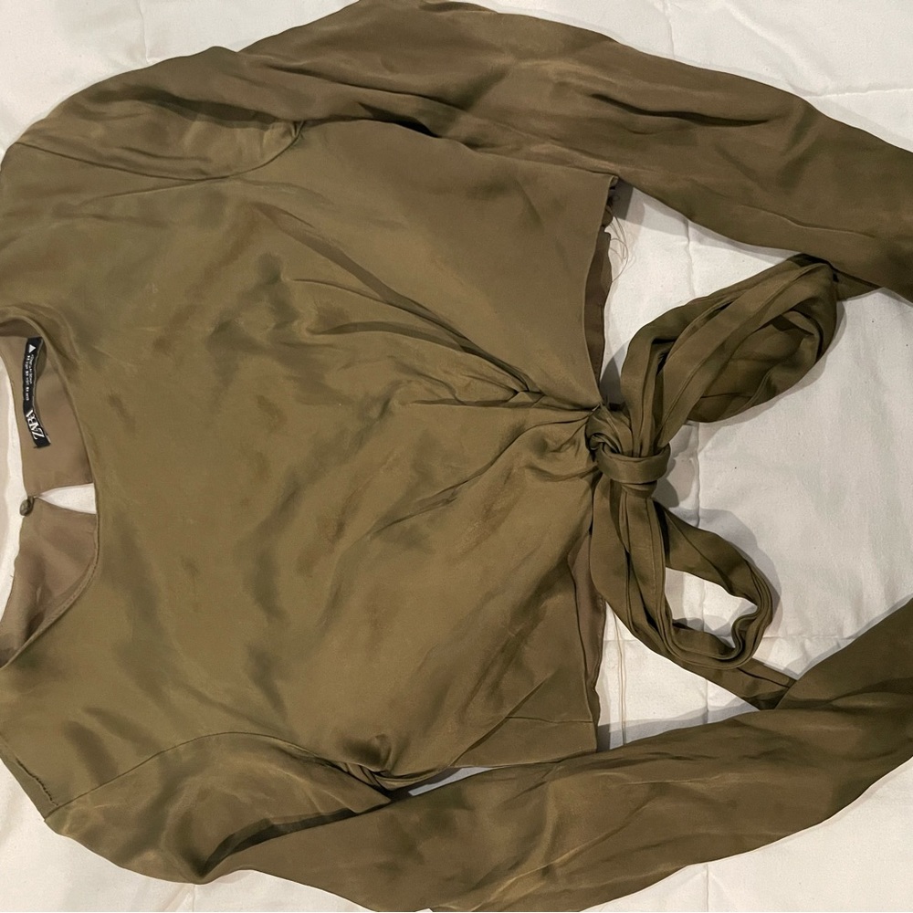 Zara army green long sleeve wrap crop top